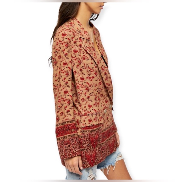 Free People Bellflower Blazer lightweight rayon linen jacket size XS red/tan - Picture 5 of 7